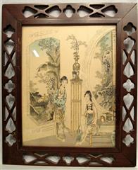 Set of 2 Grisaille Style Asian Ink Drawings Framed In Matching Latice Cutout Woo